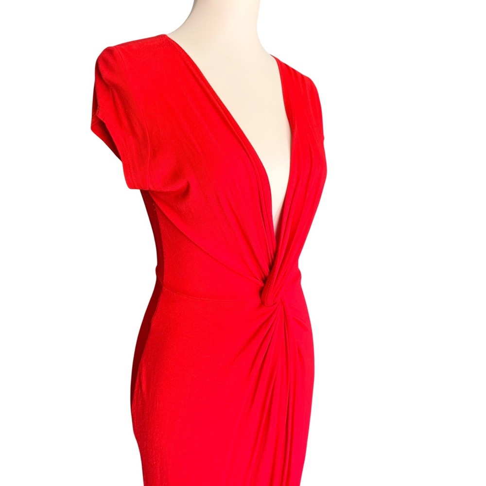 Rolla Coster Red Twist Front Deep V-Neck Midi Dress Small Cap Sleeve Tulip Hem - Picture 2 of 10